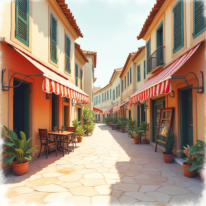 Minimalist — Charming Market Street Lined With Striped Illustration Styles #0059 (Krea)