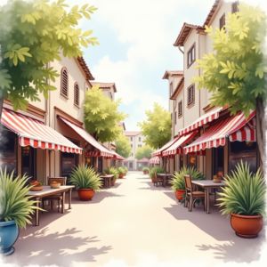 Minimalist — Charming Market Street Lined With Striped Illustration Styles #0065 (Leonardo)