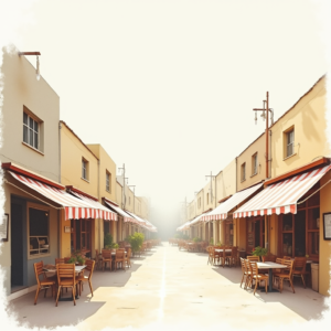 Minimalist — Charming Market Street Lined With Striped Illustration Styles #0071 (Krea)