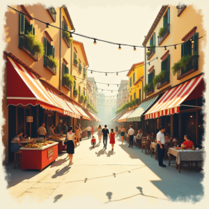 Minimalist — Charming Market Street Lined With Striped Illustration Styles #0077 (Leonardo)