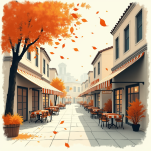 Minimalist — Charming Market Street Lined With Striped Illustration Styles #0083 (Krea)