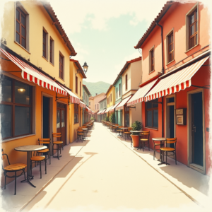 Minimalist — Charming Market Street Lined With Striped Illustration Styles #0095 (Krea)