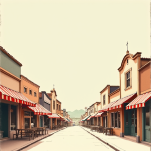 Minimalist — Charming Market Street Lined With Striped Illustration Styles #0107 (Krea)