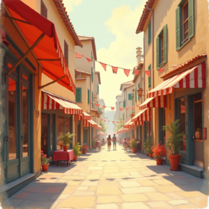 Minimalist — Charming Market Street Lined With Striped Illustration Styles #0113 (Leonardo)