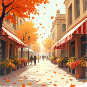 Minimalist — Charming Market Street Lined With Striped Illustration Styles #0119 (Krea)