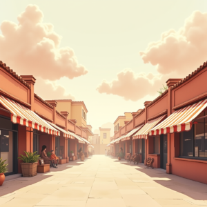 Minimalist — Charming Market Street Lined With Striped Illustration Styles #0125 (Leonardo)