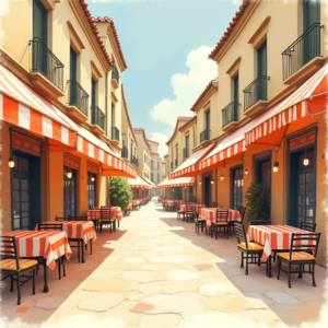 Minimalist — Charming Market Street Lined With Striped Illustration Styles #0131 (Krea)