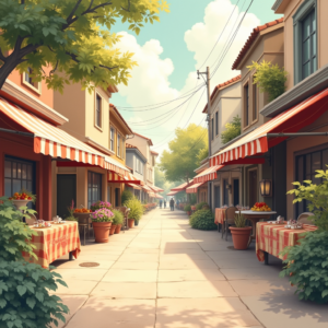 Minimalist — Charming Market Street Lined With Striped Illustration Styles #0137 (Leonardo)