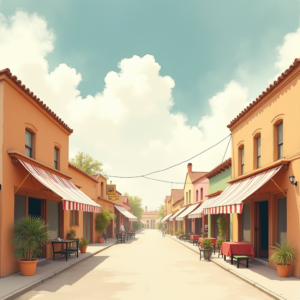 Minimalist — Charming Market Street Lined With Striped Illustration Styles #0143 (Krea)