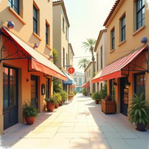 Minimalist — Charming Market Street Lined With Striped Illustration Styles #0149 (Leonardo)