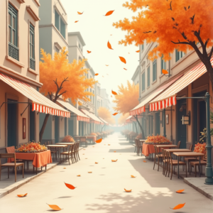 Minimalist — Charming Market Street Lined With Striped Illustration Styles #0155 (Krea)
