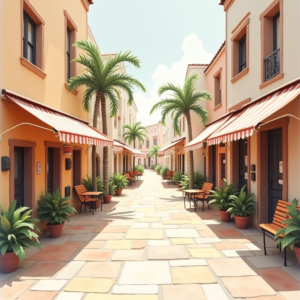 Minimalist — Charming Market Street Lined With Striped Illustration Styles #0167 (Krea)