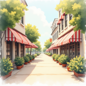 Minimalist — Charming Market Street Lined With Striped Illustration Styles #0173 (Leonardo)