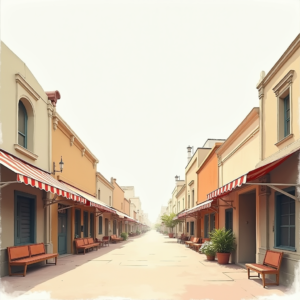 Minimalist — Charming Market Street Lined With Striped Illustration Styles #0179 (Krea)