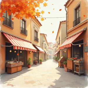 Minimalist — Charming Market Street Lined With Striped Illustration Styles #0191 (Krea)