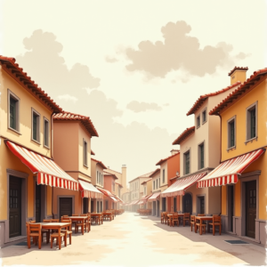 Minimalist — Charming Market Street Lined With Striped Illustration Styles #0197 (Leonardo)