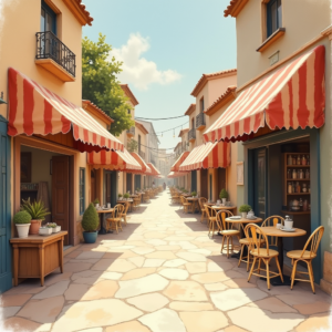 Minimalist — Charming Market Street Lined With Striped Illustration Styles #0203 (Krea)
