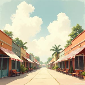 Minimalist — Charming Market Street Lined With Striped Illustration Styles #0215 (Krea)