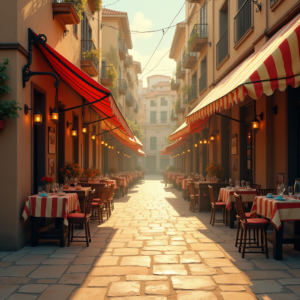 Minimalist — Charming Market Street Lined With Striped Illustration Styles #0221 (Leonardo)