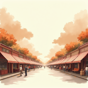 Minimalist — Charming Market Street Lined With Striped Illustration Styles #0230 (Firefly)