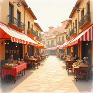 Minimalist — Charming Market Street Lined With Striped Illustration Styles #0236 (Midjourney)