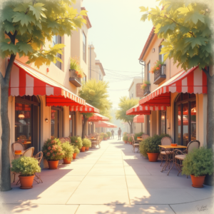 Minimalist — Charming Market Street Lined With Striped Illustration Styles #0242 (Firefly)