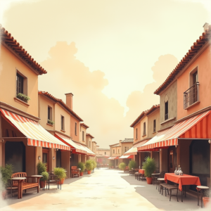 Minimalist — Charming Market Street Lined With Striped Illustration Styles #0248 (Midjourney)