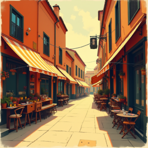 Minimalist — Charming Market Street Lined With Striped Illustration Styles #0254 (Firefly)
