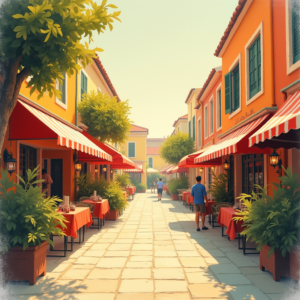 Minimalist — Charming Market Street Lined With Striped Illustration Styles #0278 (Firefly)