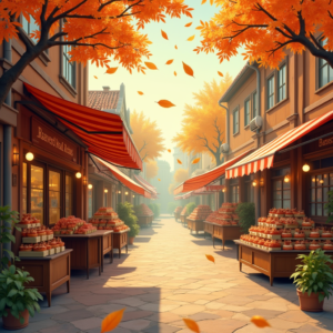 Minimalist — Charming Market Street Lined With Striped Illustration Styles #0296 (Midjourney)