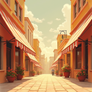 Minimalist — Charming Market Street Lined With Striped Illustration Styles #0302 (Firefly)