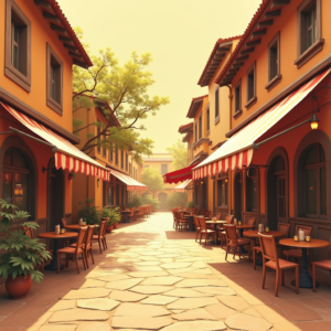 Minimalist — Charming Market Street Lined With Striped Illustration Styles #0308 (Midjourney)