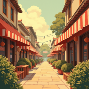 Minimalist — Charming Market Street Lined With Striped Illustration Styles #0314 (Firefly)