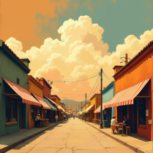 Minimalist — Charming Market Street Lined With Striped Illustration Styles #0320 (Midjourney)