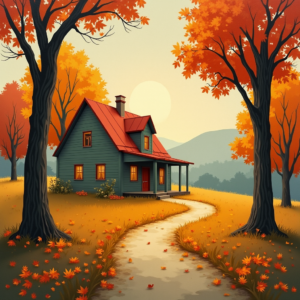 Minimalist — Cozy Countryside Cottage Nestled Among Tall Illustration Styles #0304 (Ideogram)