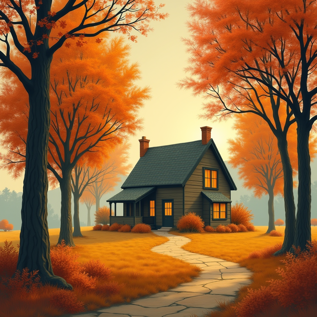 Minimalist — Cozy Countryside Cottage Nestled Among Tall Illustration Styles #0310 (FLUX)
