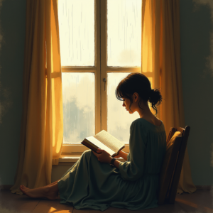 Minimalist — Nostalgic Figure Reading By A Rain-streaked Illustration Styles #0002 (Firefly)