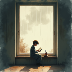 Minimalist — Nostalgic Figure Reading By A Rain-streaked Illustration Styles #0032 (Midjourney)