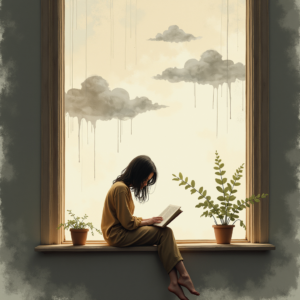 Minimalist — Nostalgic Figure Reading By A Rain-streaked Illustration Styles #0050 (Firefly)