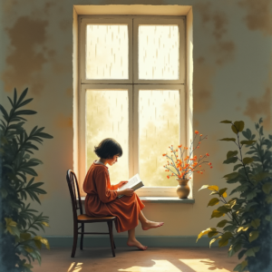 Minimalist — Nostalgic Figure Reading By A Rain-streaked Illustration Styles #0062 (Firefly)