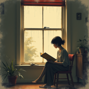 Minimalist — Nostalgic Figure Reading By A Rain-streaked Illustration Styles #0074 (Firefly)