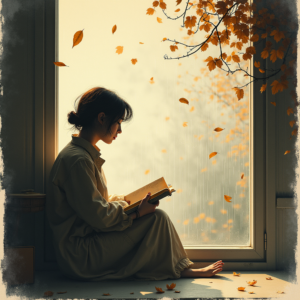Minimalist — Nostalgic Figure Reading By A Rain-streaked Illustration Styles #0080 (Midjourney)