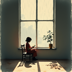 Minimalist — Nostalgic Figure Reading By A Rain-streaked Illustration Styles #0092 (Midjourney)