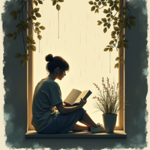 Minimalist — Nostalgic Figure Reading By A Rain-streaked Illustration Styles #0098 (Firefly)