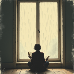 Minimalist — Nostalgic Figure Reading By A Rain-streaked Illustration Styles #0104 (Midjourney)