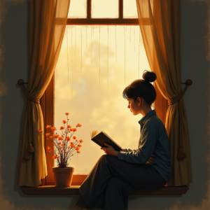 Minimalist — Nostalgic Figure Reading By A Rain-streaked Illustration Styles #0110 (Firefly)