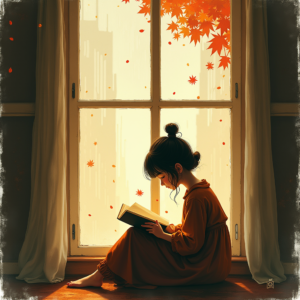 Minimalist — Nostalgic Figure Reading By A Rain-streaked Illustration Styles #0116 (Midjourney)