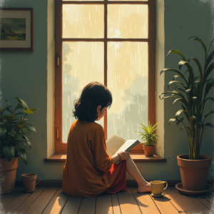 Minimalist — Nostalgic Figure Reading By A Rain-streaked Illustration Styles #0134 (Firefly)