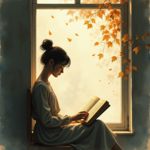 Minimalist — Nostalgic Figure Reading By A Rain-streaked Illustration Styles #0152 (Midjourney)