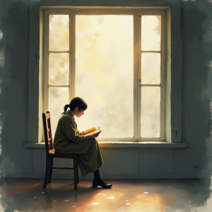 Minimalist — Nostalgic Figure Reading By A Rain-streaked Illustration Styles #0164 (Midjourney)